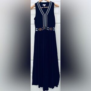 Sleeveless Navy Maxi Dress with Embroidered V-Neck and Waist Detail